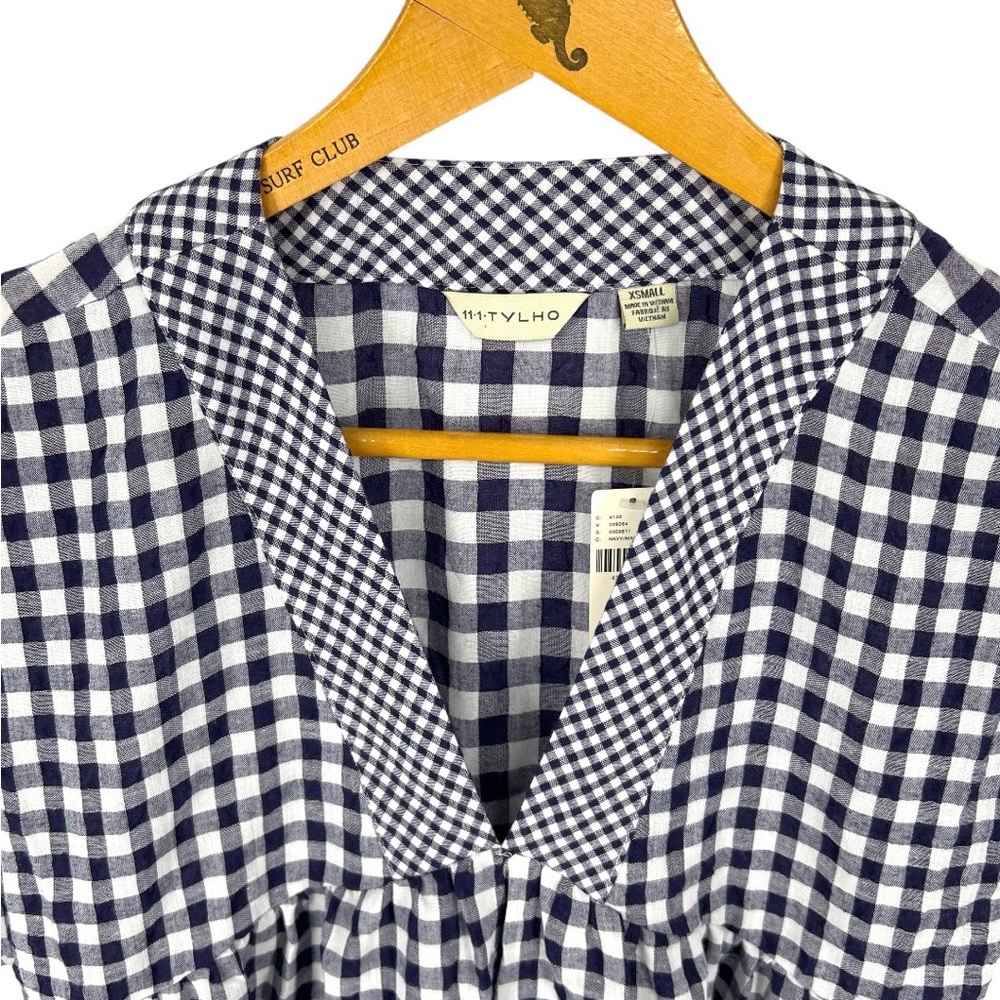 NWT Anthropologie 11-1-TYLHO Navy Blue Gingham Swing Mini Dress Size Extra Small - Picture 3 of 11
